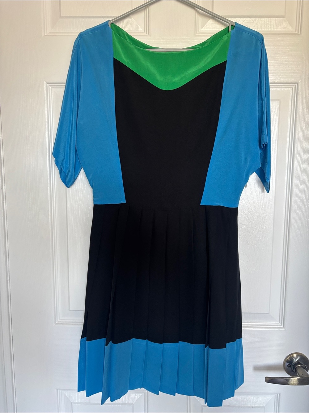 Escada Black, Blue & Green Pleated Colorblock Midi Dress
